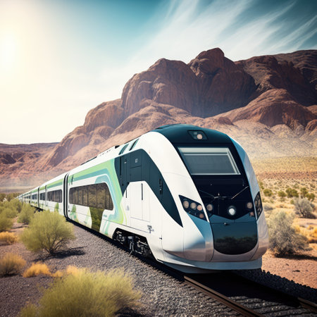 Image of modern train on tracks over mountains and blue sky, created using generative ai technology. Transport, travel and train, digitally generated image.の素材