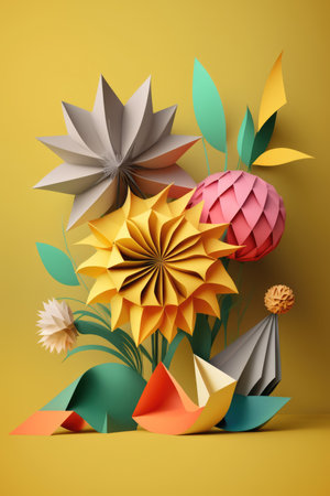 Colourful origami paper flowers on orange background, created using generative ai technology. Origami, art, nature and flowers, digitally generated image.の素材