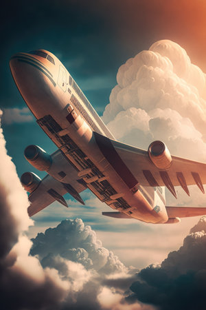 Passenger plane flying through cloudy sky, created using generative ai technology. Transport, travel, digitally generated image.の素材