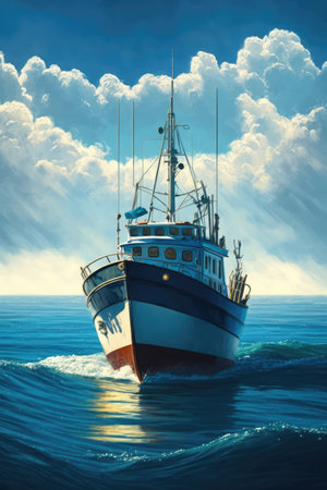 Image of sailing boat on sea over clouds and blue sky, created using generative ai technology. Transport, travel and boat, digitally generated image.の素材