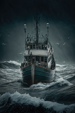 Fish cutter on sea and seagulls over dark clouds and rain, created using generative ai technology. Transport, travel and boat, digitally generated image.の素材