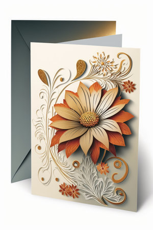 Card with orange flowers and envelope, created using generative ai technology. Celebration, greeting cards and well wishes concept digitally generated image.の素材