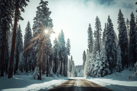 Scenic winter snow landscape with road in forest, created using generative ai technology. Winter, snow scenery, weather and beauty in nature concept digitally generated image.の素材