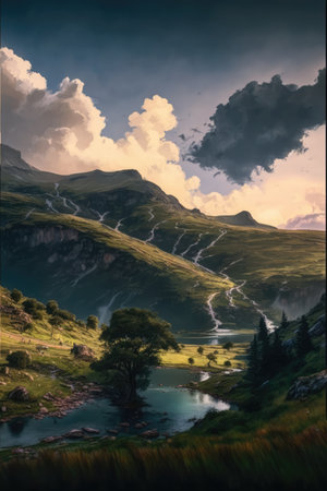 Scenic landscape with mountains, stream and sky with clouds, created using generative ai technology. Scenery and beauty in nature concept digitally generated image.の素材