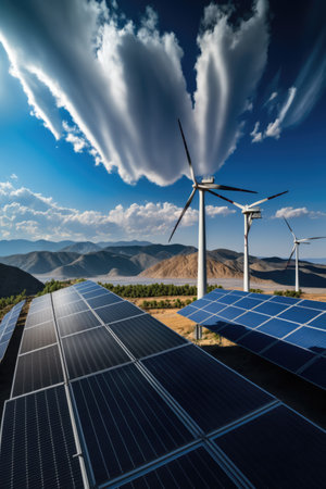 Wind turbines and solar panels with clouds on sky, created using generative ai technology. Wind energy, solar energy, sustainability, environment and climate change concept digitally generated image.の素材
