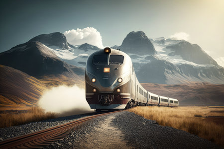 Image of modern train on tracks over mountains and blue sky, created using generative ai technology. Transport, travel and train, digitally generated image.の素材