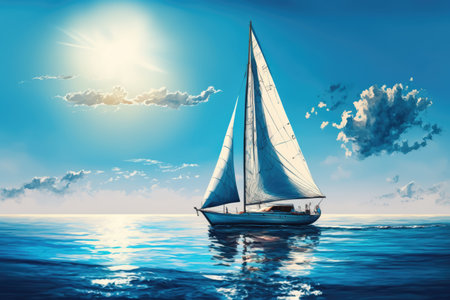 Image of sailing boat on sea over clouds and blue sky, created using generative ai technology. Transport, travel and boat, digitally generated image.の素材