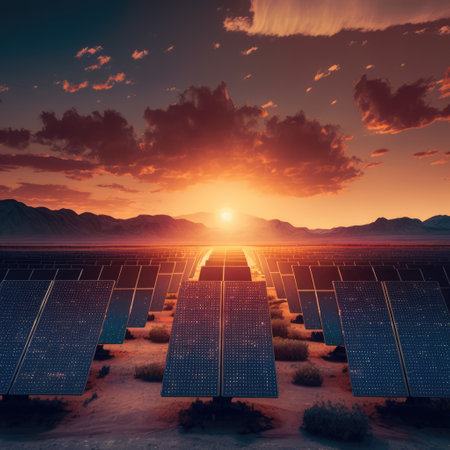 Solar panels with sun setting, created using generative ai technology. Wind energy, solar energy, sustainability, environment and climate change concept digitally generated image.の素材