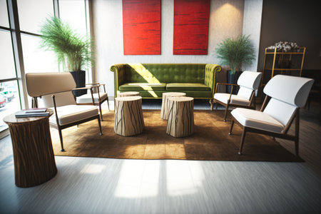Office waiting room with modern furniture and window, created using generative ai technology. Business modern interiors concept digitally generated image.の素材