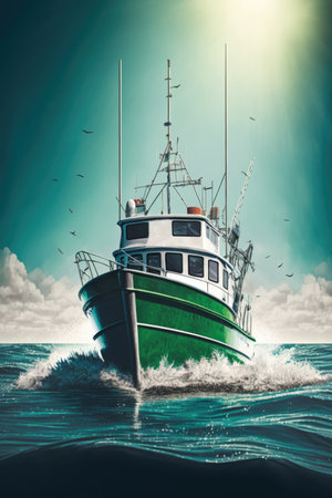 Sailing boat on sea and seagulls over sun and blue sky, created using generative ai technology. Transport, travel and boat, digitally generated image.の素材