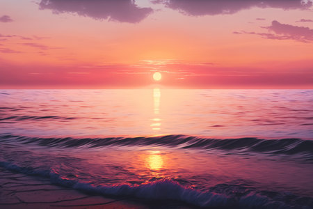 Scenic landscape with sun setting over ocean, created using generative ai technology. Sun, ocean and sky scenery, weather and beauty in nature concept digitally generated image.の素材