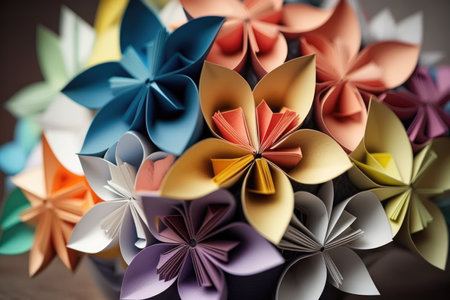 Image of colourful origami paper flowers on green background, created using generative ai technology. Origami, art, nature and flowers, digitally generated image.の素材