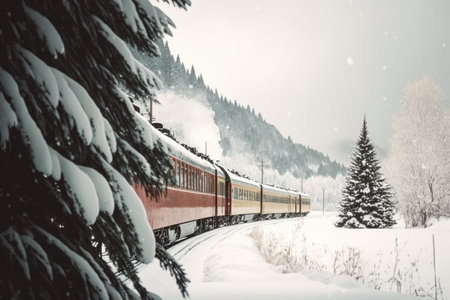 Scenic winter landscape with train in mountains, created using generative ai technology. Winter scenery, travel and beauty in nature concept digitally generated image.の素材