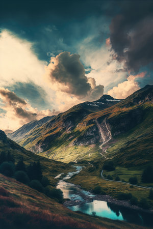 Scenic landscape with mountains and sky with clouds, created using generative ai technology. Scenery and beauty in nature concept digitally generated image.の素材