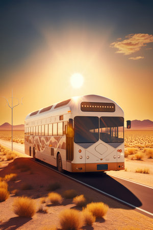Solar powered bus driving in countryside, created using generative ai technology. Solar power, sustainability and green energy concept digitally generated image.の素材