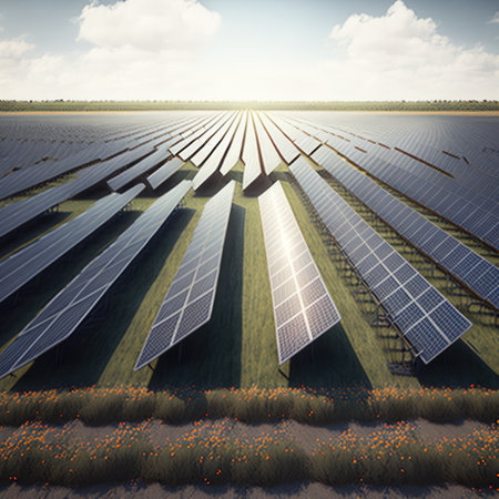 Solar panels with clouds on sky, created using generative ai technology. Wind energy, solar energy, sustainability, environment and climate change concept digitally generated image.の素材