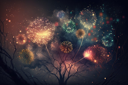 Multi coloured fireworks exploding over tree, created using generative ai technology. New year's eve and celebration concept digitally generated image.の素材