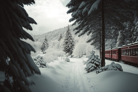 Scenic winter landscape with train in mountains, created using generative ai technology. Winter snow scenery, travel and beauty in nature concept digitally generated image.の素材