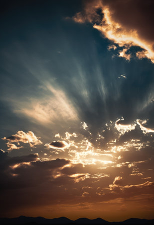 Scenery with clouds, sky and sunset, created using generative ai technology. Cloud and sky scenery, weather and beauty in nature concept digitally generated image.の素材