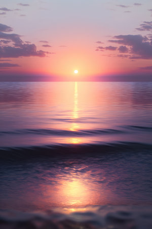 Scenic landscape with sun setting over ocean, created using generative ai technology. Sun, ocean and sky scenery, weather and beauty in nature concept digitally generated image.の素材