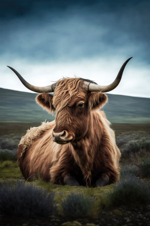 Portrait of highland cow lying in grass in mountains, created using generative ai technology. Cow, animal and nature concept digitally generated image.の素材