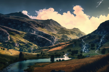 Scenic landscape with mountains, stream and sky with clouds, created using generative ai technology. Scenery and beauty in nature concept digitally generated image.の素材