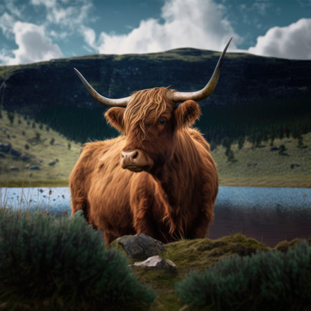 Portrait of highland cow standing in grass in mountains, created using generative ai technology. Cow, animal and nature concept digitally generated image.の素材