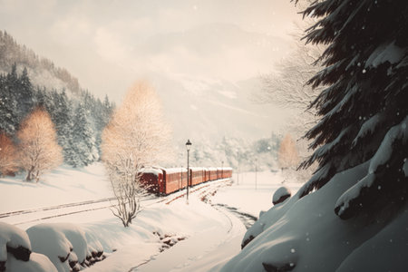 Scenic winter landscape with train in mountains, created using generative ai technology. Winter scenery, travel and beauty in nature concept digitally generated image.の素材