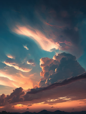 Scenery with clouds, sky and sunset, created using generative ai technology. Cloud and sky scenery, weather and beauty in nature concept digitally generated image.の素材