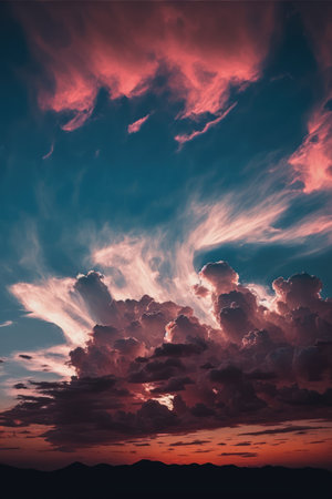 Scenery with clouds, sky and sunset, created using generative ai technology. Cloud and sky scenery, weather and beauty in nature concept digitally generated image.の素材