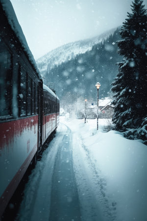 Scenic winter landscape with train in mountains, created using generative ai technology. Winter scenery, travel and beauty in nature concept digitally generated image.の素材