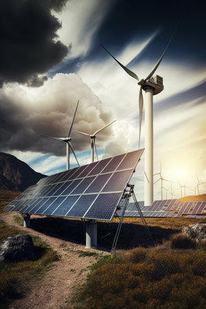 Wind turbines and solar panels with clouds on sky, created using generative ai technology. Wind energy, solar energy, sustainability, environment and climate change concept digitally generated image.の素材