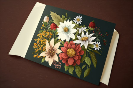 Card with multi coloured flowers and envelope, created using generative ai technology. Celebration, greeting cards and well wishes concept digitally generated image.の素材