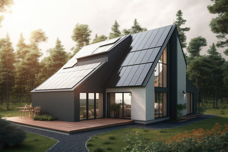 House with solar panels on roof, created using generative ai technology. Solar energy and sustainability concept digitally generated image.の素材