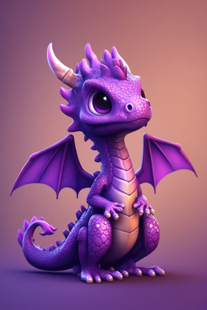Image of cute blue dragon over purple background, using generative ai technology. Dragon and fantasy concept.の素材