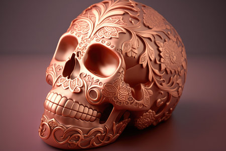 Golden mexican decorative sugar skull on gray background, using generative ai technology. Skull, mexico and traditional concept.の素材