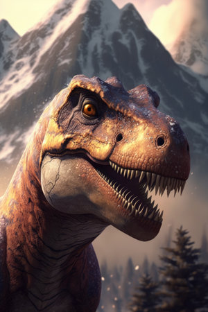 Tyrannosaurus rex dinosaur roaring over snow mountain, created using generative ai technology. Prehistory, dinosaur and paleontology concept.の素材