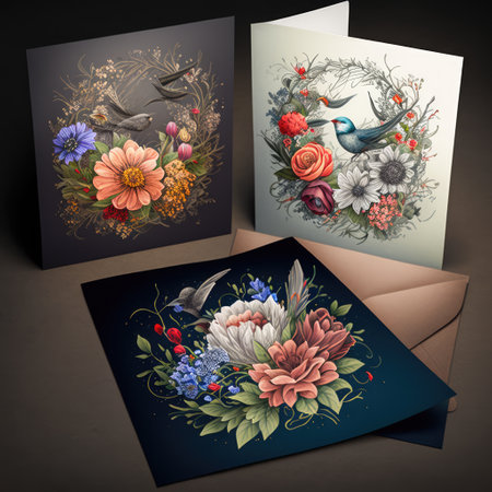 Cards with multi coloured flowers and envelope, created using generative ai technology. Celebration, greeting cards and well wishes concept digitally generated image.の素材