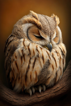 Close up of owl perched on tree branch, created using generative ai technology. Nature, bird, wild animal and wildlife concept digitally generated image.の素材