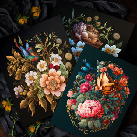 Cards with multi coloured flowers on black background, created using generative ai technology. Celebration, greeting cards and well wishes concept digitally generated image.の素材