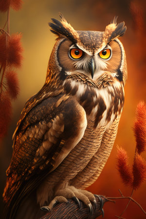 Close up of owl perched on tree branch, created using generative ai technology. Nature, bird, wild animal and wildlife concept digitally generated image.の素材