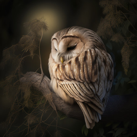 Close up of owl perched on tree branch, created using generative ai technology. Nature, bird, wild animal and wildlife concept digitally generated image.の素材