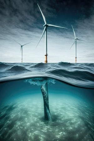Three wind turbines in ocean and clouded sky, created using generative ai technology. Wind energy, sustainability, environment and climate change concept digitally generated image.の素材
