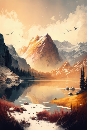 Scenic landscape with lake and mountains, created using generative ai technology. Nature, scenery and beauty in nature concept digitally generated image.の素材