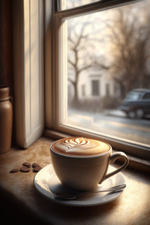 Cup of coffee latte with pattern and spoon on windowsill, created using generative ai technology. Coffee, caffeine and drink concept digitally generated image.の素材