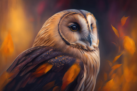 Close up of owl perched in nature, created using generative ai technology. Nature, bird, wild animal and wildlife concept digitally generated image.の素材