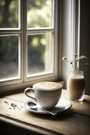 Cup of coffee latte with pattern and glass with flowers, created using generative ai technology. Coffee, caffeine and drink concept digitally generated image.の素材