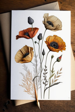 Card with yellow and orange flowers and envelope, created using generative ai technology. Celebration, greeting cards and well wishes concept digitally generated image.の素材