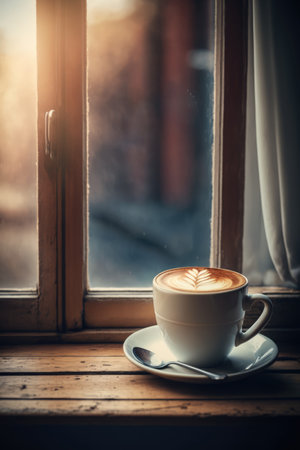 Cup of coffee latte with pattern and spoon on windowsill, created using generative ai technology. Coffee, caffeine and drink concept digitally generated image.の素材