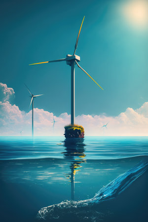 Multiple wind turbines in ocean and clouded sky, created using generative ai technologyの素材